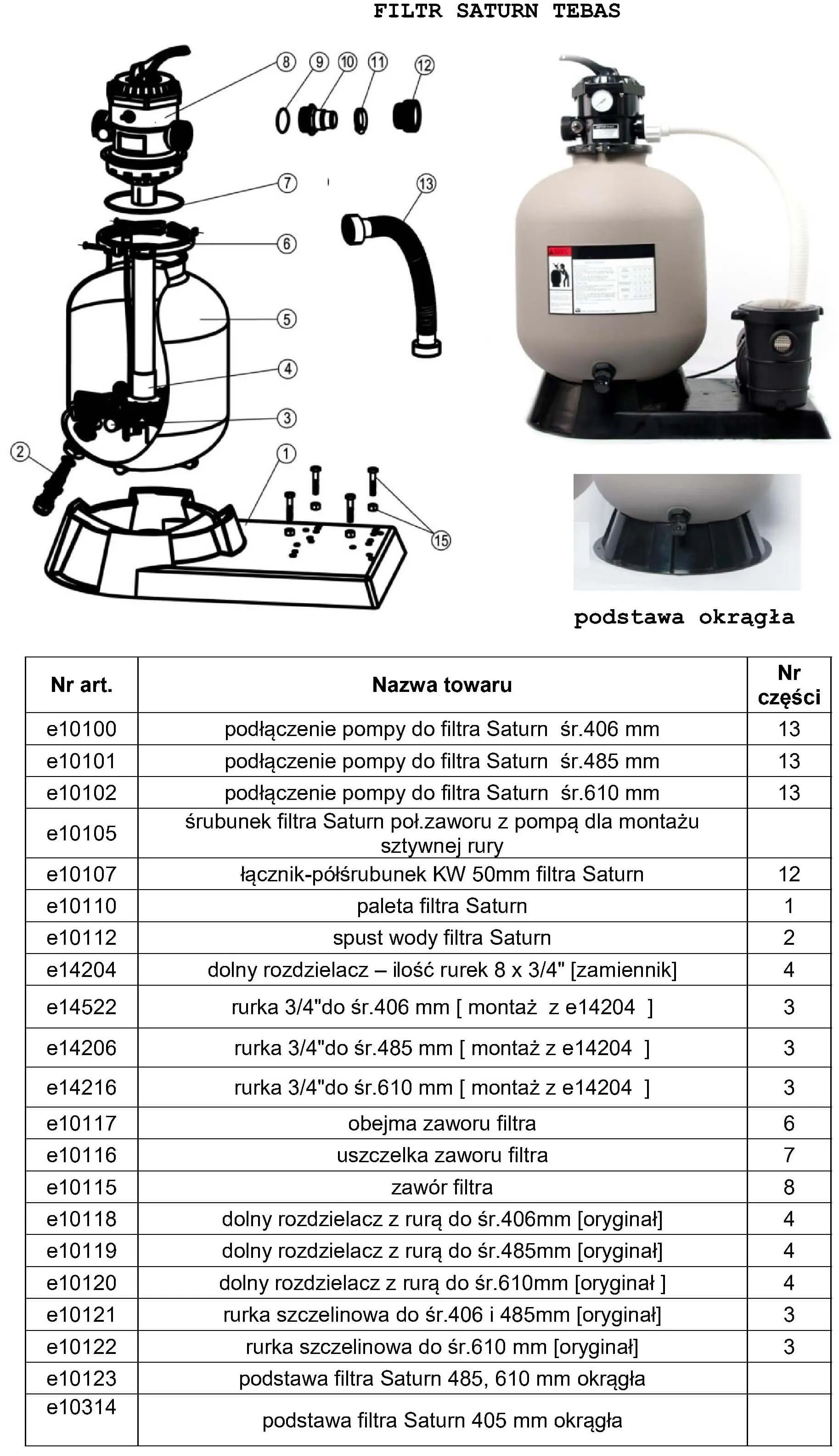CZĘŚCI ZAMIENNE FILTRA DO BASENU SATURN